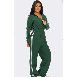 Love Sense Green Striped Hooded Jumpsuit Wide Leg Athleisure Lounge M